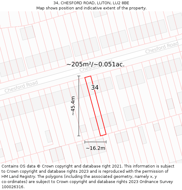 34, CHESFORD ROAD, LUTON, LU2 8BE: Plot and title map