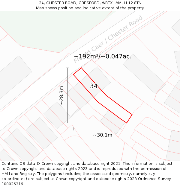 34, CHESTER ROAD, GRESFORD, WREXHAM, LL12 8TN: Plot and title map