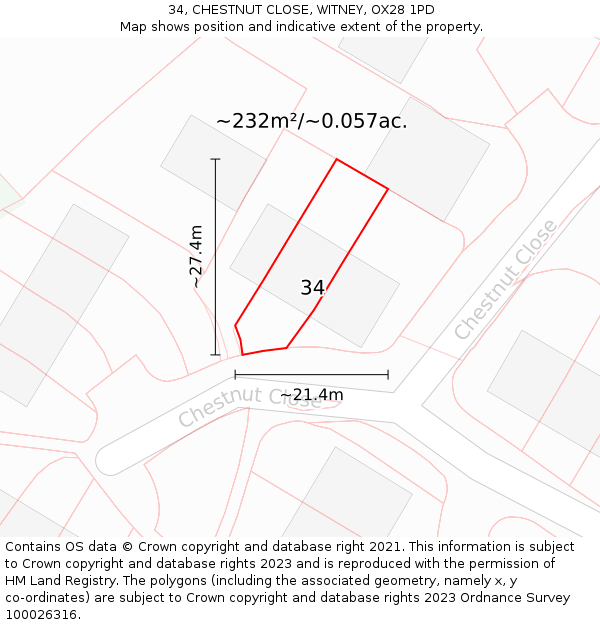 34, CHESTNUT CLOSE, WITNEY, OX28 1PD: Plot and title map