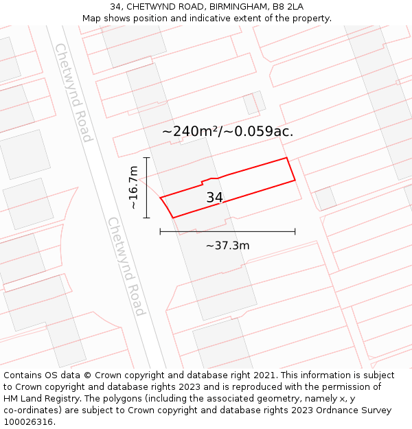 34, CHETWYND ROAD, BIRMINGHAM, B8 2LA: Plot and title map