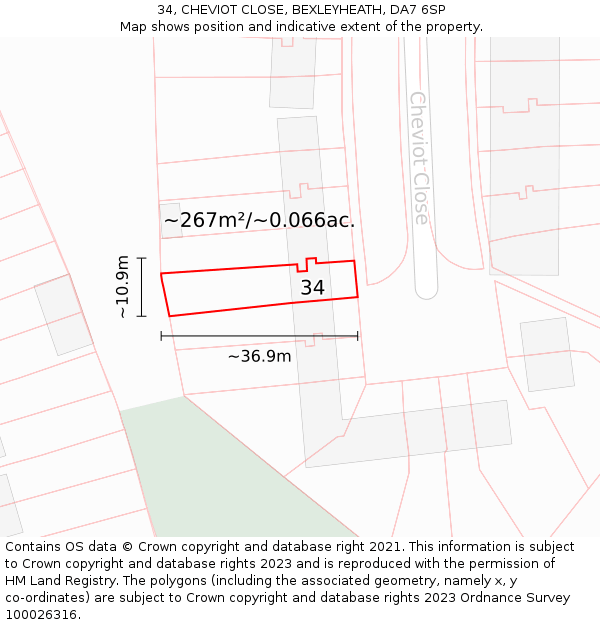 34, CHEVIOT CLOSE, BEXLEYHEATH, DA7 6SP: Plot and title map