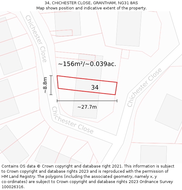 34, CHICHESTER CLOSE, GRANTHAM, NG31 8AS: Plot and title map