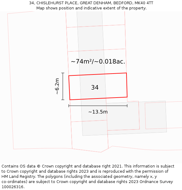 34, CHISLEHURST PLACE, GREAT DENHAM, BEDFORD, MK40 4TT: Plot and title map
