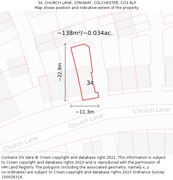 34, CHURCH LANE, STANWAY, COLCHESTER, CO3 8LP: Plot and title map