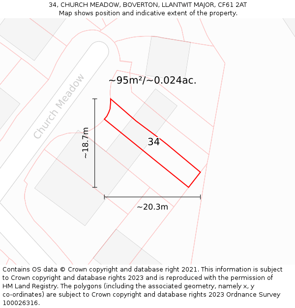 34, CHURCH MEADOW, BOVERTON, LLANTWIT MAJOR, CF61 2AT: Plot and title map