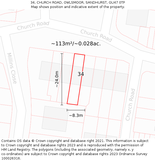 34, CHURCH ROAD, OWLSMOOR, SANDHURST, GU47 0TP: Plot and title map