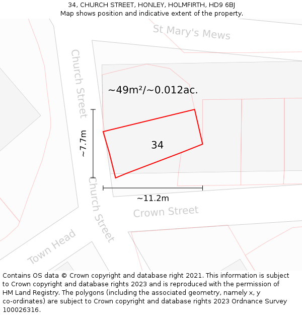 34, CHURCH STREET, HONLEY, HOLMFIRTH, HD9 6BJ: Plot and title map