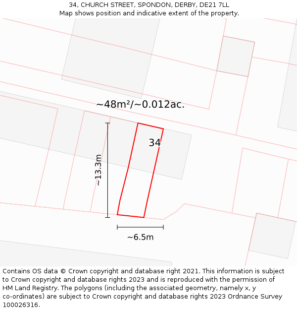 34, CHURCH STREET, SPONDON, DERBY, DE21 7LL: Plot and title map
