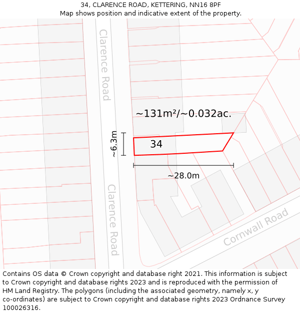 34, CLARENCE ROAD, KETTERING, NN16 8PF: Plot and title map