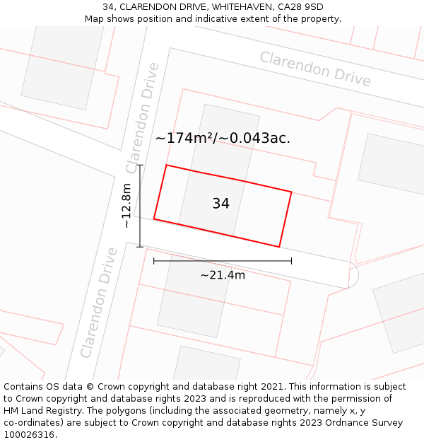 34, CLARENDON DRIVE, WHITEHAVEN, CA28 9SD: Plot and title map