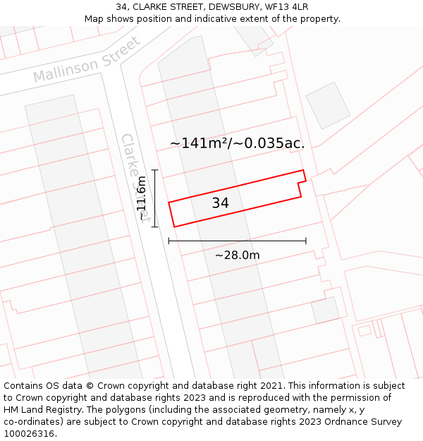 34, CLARKE STREET, DEWSBURY, WF13 4LR: Plot and title map