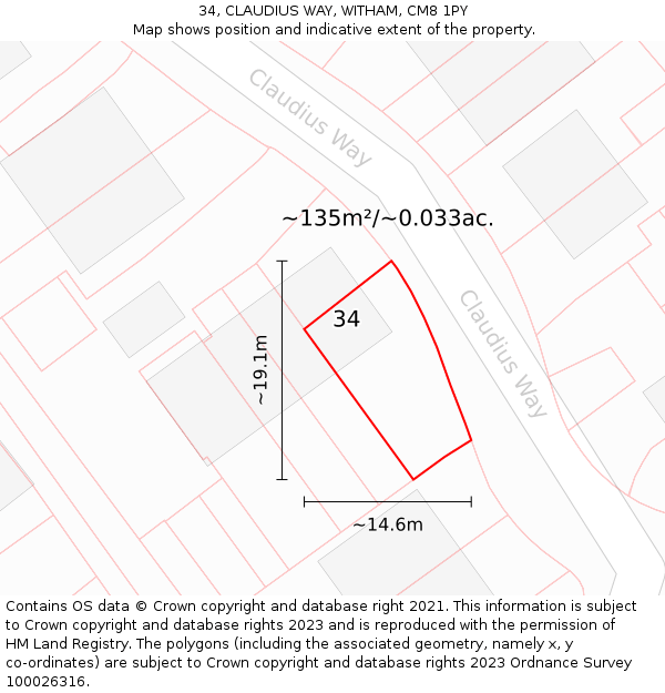 34, CLAUDIUS WAY, WITHAM, CM8 1PY: Plot and title map