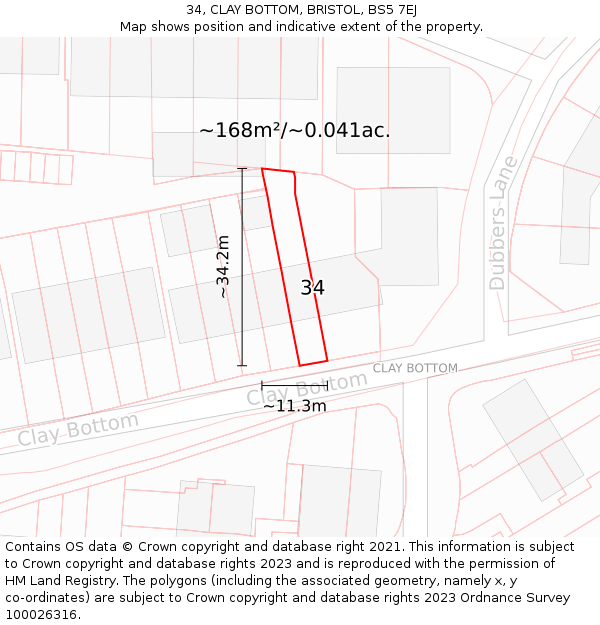 34, CLAY BOTTOM, BRISTOL, BS5 7EJ: Plot and title map