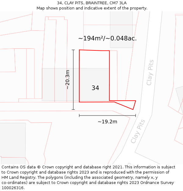 34, CLAY PITS, BRAINTREE, CM7 3LA: Plot and title map