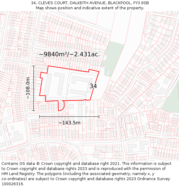 34, CLEVES COURT, DALKEITH AVENUE, BLACKPOOL, FY3 9SB: Plot and title map