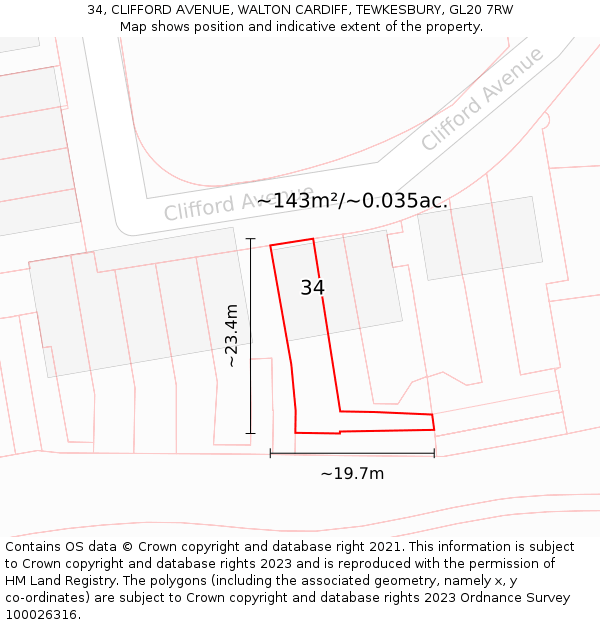34, CLIFFORD AVENUE, WALTON CARDIFF, TEWKESBURY, GL20 7RW: Plot and title map