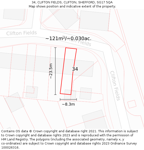 34, CLIFTON FIELDS, CLIFTON, SHEFFORD, SG17 5QA: Plot and title map