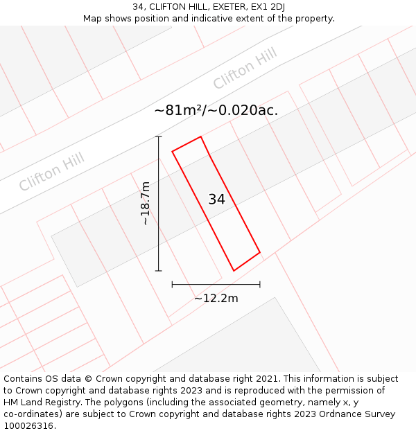34, CLIFTON HILL, EXETER, EX1 2DJ: Plot and title map
