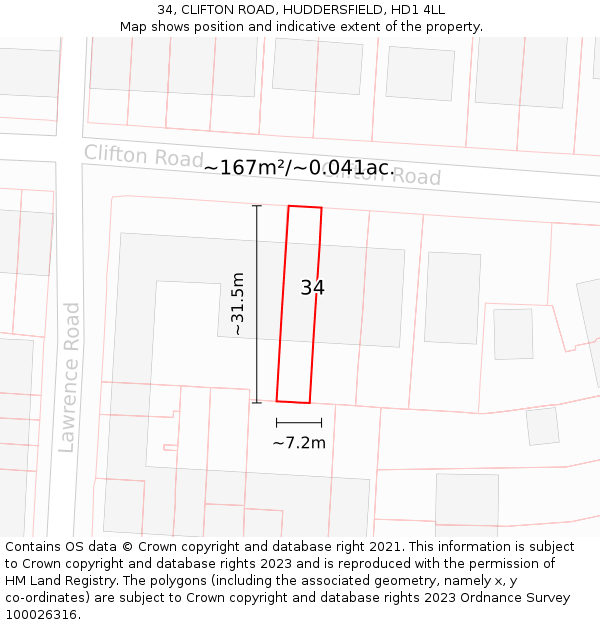 34, CLIFTON ROAD, HUDDERSFIELD, HD1 4LL: Plot and title map