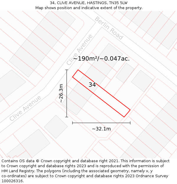 34, CLIVE AVENUE, HASTINGS, TN35 5LW: Plot and title map