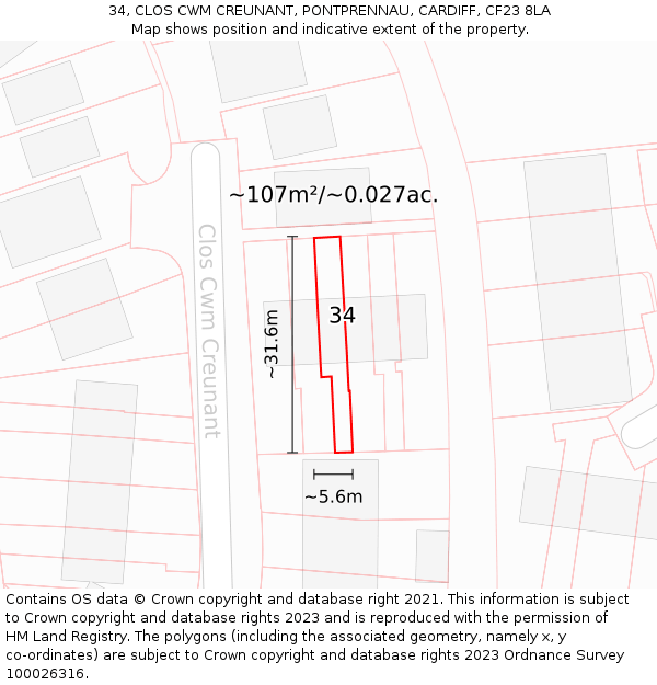 34, CLOS CWM CREUNANT, PONTPRENNAU, CARDIFF, CF23 8LA: Plot and title map