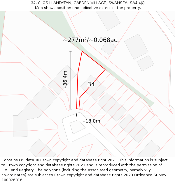 34, CLOS LLANDYFAN, GARDEN VILLAGE, SWANSEA, SA4 4JQ: Plot and title map
