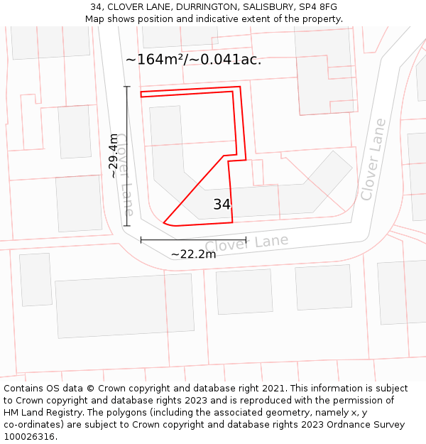 34, CLOVER LANE, DURRINGTON, SALISBURY, SP4 8FG: Plot and title map