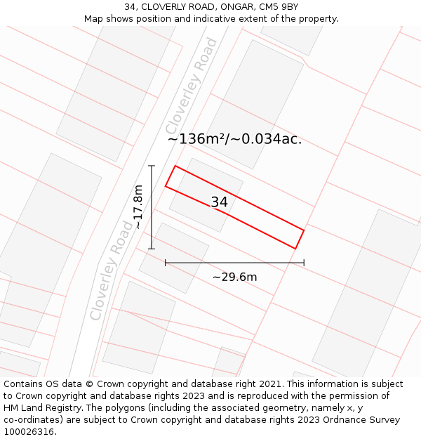 34, CLOVERLY ROAD, ONGAR, CM5 9BY: Plot and title map