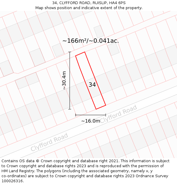 34, CLYFFORD ROAD, RUISLIP, HA4 6PS: Plot and title map