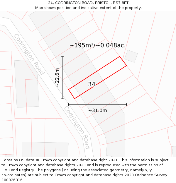 34, CODRINGTON ROAD, BRISTOL, BS7 8ET: Plot and title map