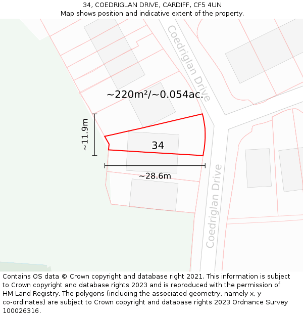 34, COEDRIGLAN DRIVE, CARDIFF, CF5 4UN: Plot and title map