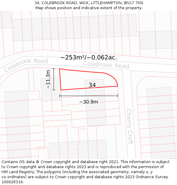 34, COLEBROOK ROAD, WICK, LITTLEHAMPTON, BN17 7NS: Plot and title map