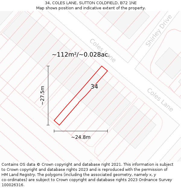 34, COLES LANE, SUTTON COLDFIELD, B72 1NE: Plot and title map