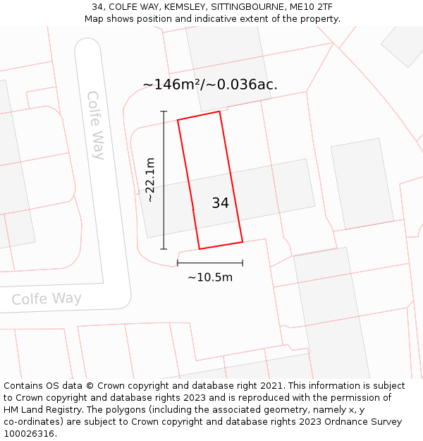 34, COLFE WAY, KEMSLEY, SITTINGBOURNE, ME10 2TF: Plot and title map