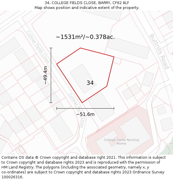 34, COLLEGE FIELDS CLOSE, BARRY, CF62 8LF: Plot and title map