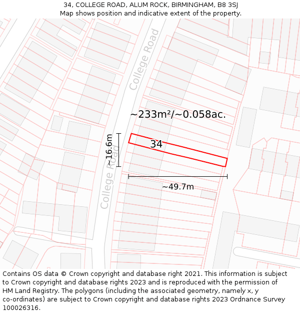 34, COLLEGE ROAD, ALUM ROCK, BIRMINGHAM, B8 3SJ: Plot and title map