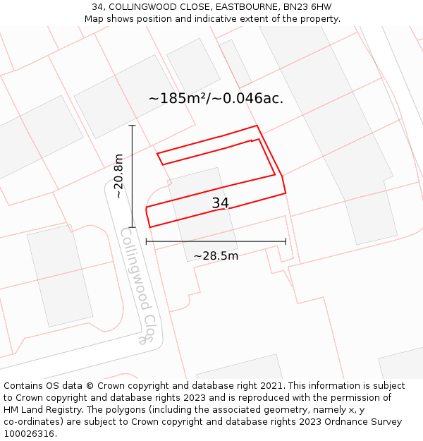 34, COLLINGWOOD CLOSE, EASTBOURNE, BN23 6HW: Plot and title map