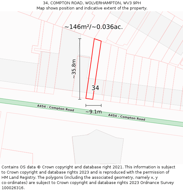 34, COMPTON ROAD, WOLVERHAMPTON, WV3 9PH: Plot and title map