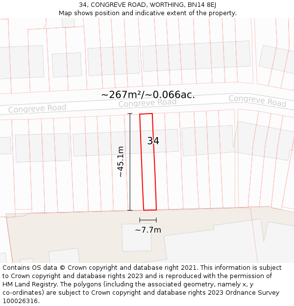 34, CONGREVE ROAD, WORTHING, BN14 8EJ: Plot and title map