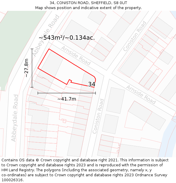 34, CONISTON ROAD, SHEFFIELD, S8 0UT: Plot and title map