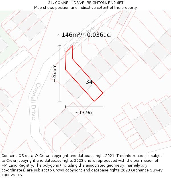 34, CONNELL DRIVE, BRIGHTON, BN2 6RT: Plot and title map