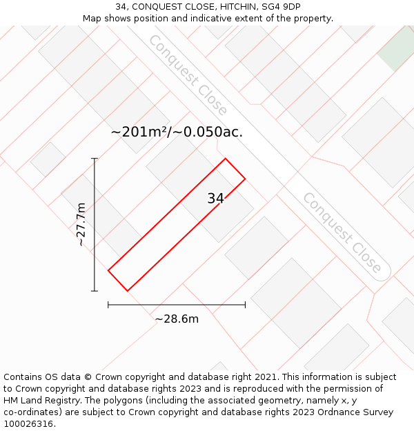 34, CONQUEST CLOSE, HITCHIN, SG4 9DP: Plot and title map