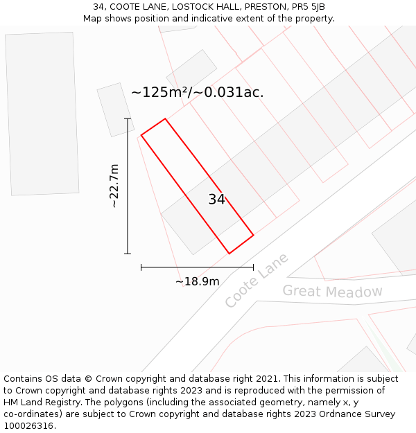 34, COOTE LANE, LOSTOCK HALL, PRESTON, PR5 5JB: Plot and title map