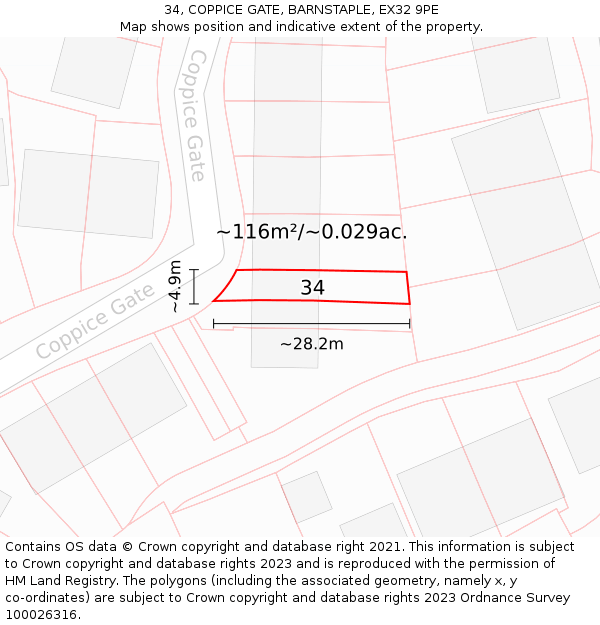 34, COPPICE GATE, BARNSTAPLE, EX32 9PE: Plot and title map