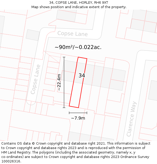 34, COPSE LANE, HORLEY, RH6 9XT: Plot and title map