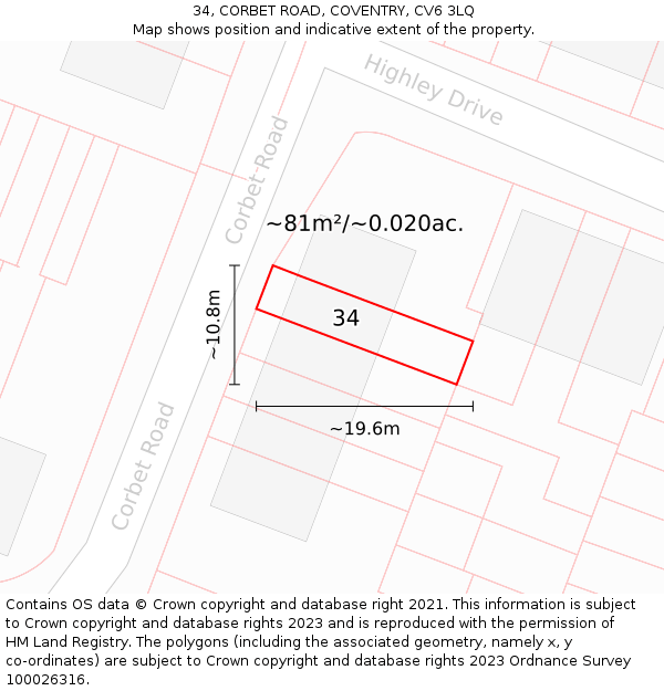 34, CORBET ROAD, COVENTRY, CV6 3LQ: Plot and title map