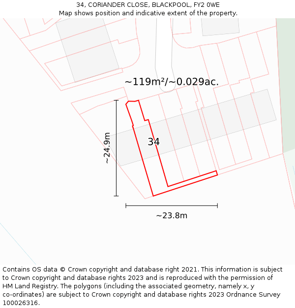 34, CORIANDER CLOSE, BLACKPOOL, FY2 0WE: Plot and title map
