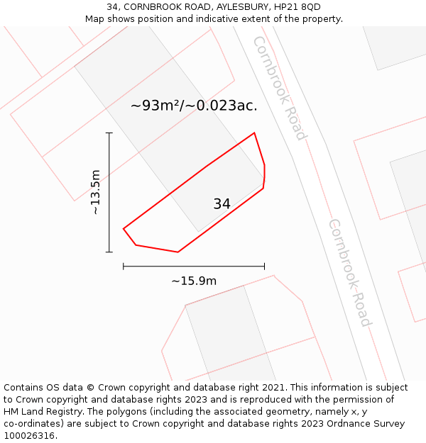 34, CORNBROOK ROAD, AYLESBURY, HP21 8QD: Plot and title map