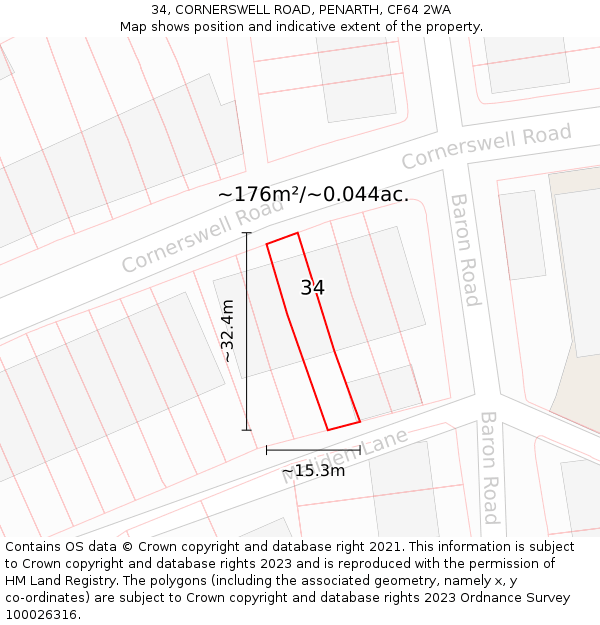 34, CORNERSWELL ROAD, PENARTH, CF64 2WA: Plot and title map