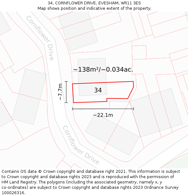 34, CORNFLOWER DRIVE, EVESHAM, WR11 3ES: Plot and title map